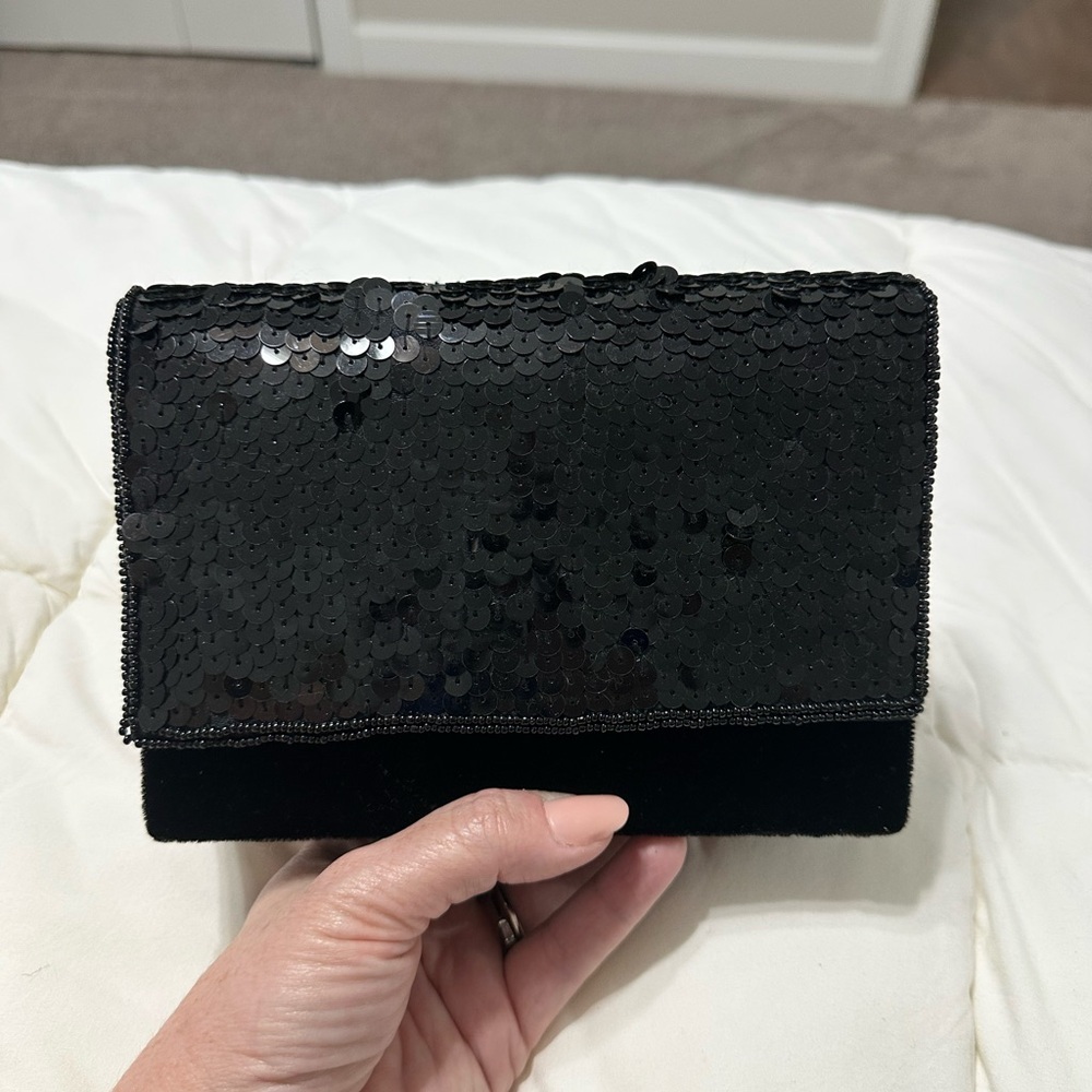 Elegant Black Sequin and Velvet Clutch
